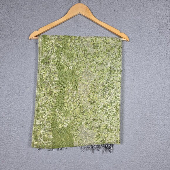 Pashmina Wrap Scark Womens OS 56x66 Green Pashmina Silk Floral Knit Lightweight - Picture 1 of 9